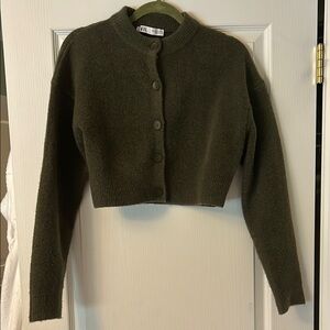 Zara Olive Green Cropped Cardigan Sweater